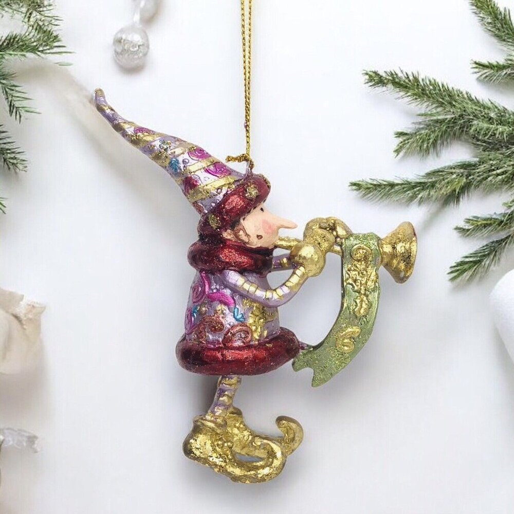 Vintage Elf Playing Trumpet Glittery Christmas Ornament Hand painted fairy gift